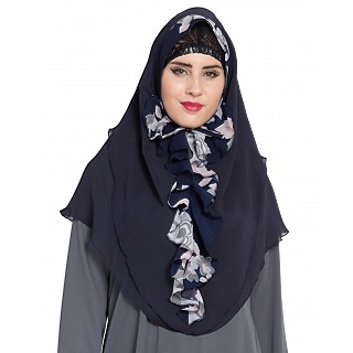 Printed designer Instant Hijab- Navy Blue